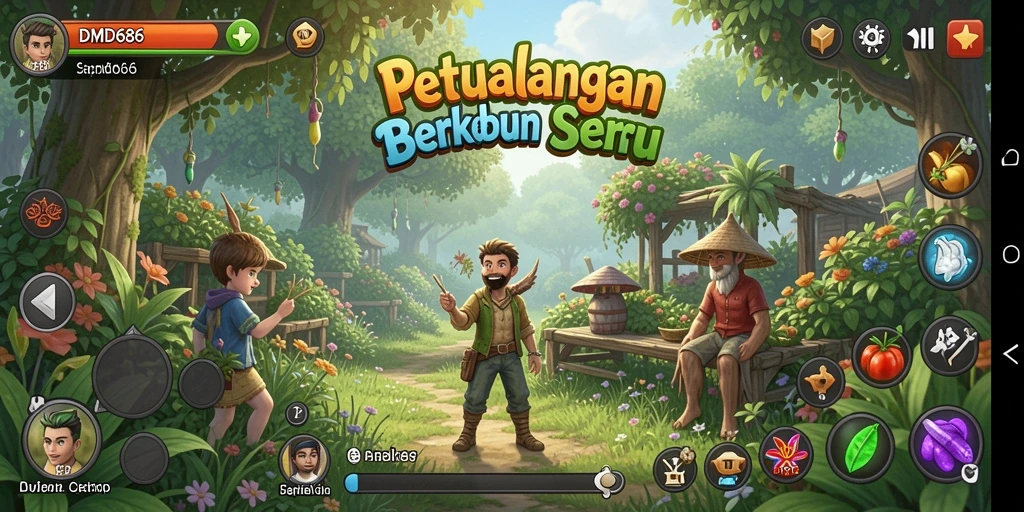 Screenshot gameplay DMD686 menunjukkan ladang hijau yang subur dan penuh aktivitas.