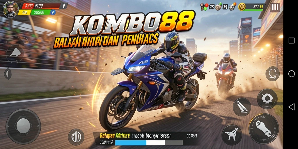 Screenshot gameplay KOMBO88 menampilkan aksi balap motor yang mendebarkan.