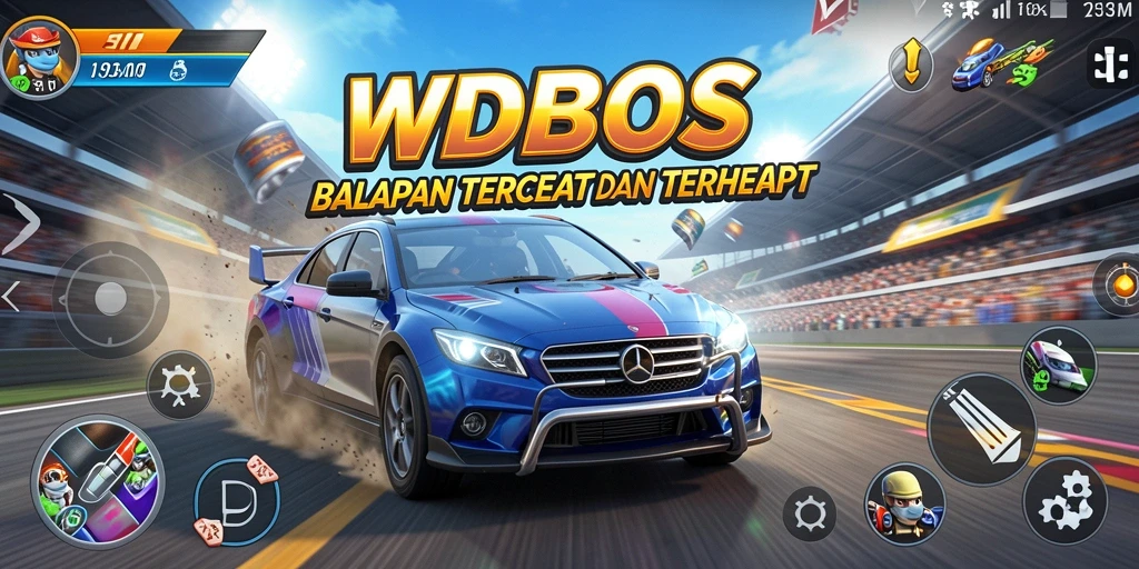 Screenshot gameplay WDBOS dengan balapan seru di trek berbukit.